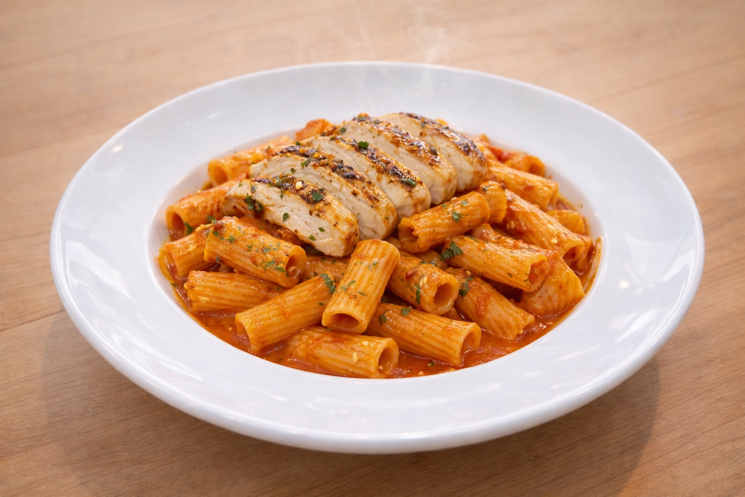 Rigatoni pasta with grilled chicken