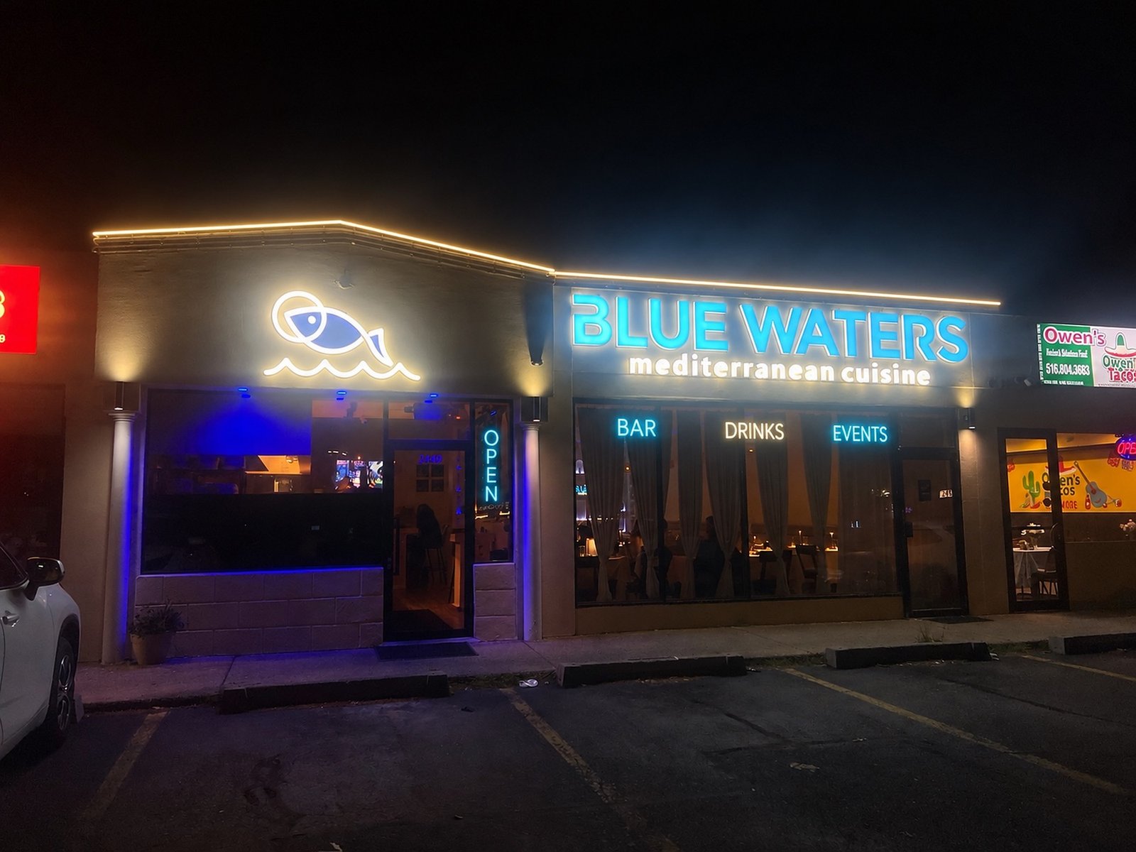 Exterior of Blue Waters Mediterranean Cuisine in North Bellmore
