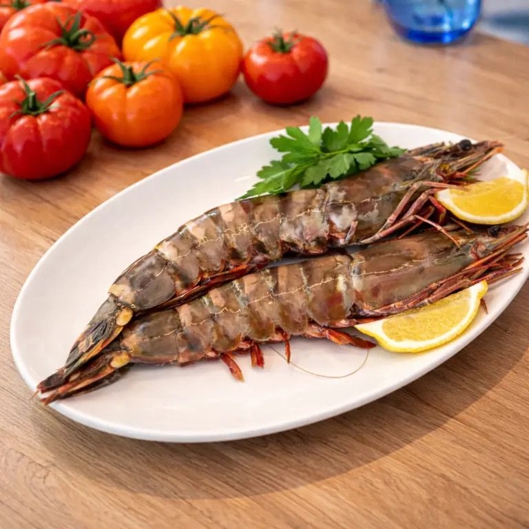 Jumbo shrimp with tomatoes at Blue Waters